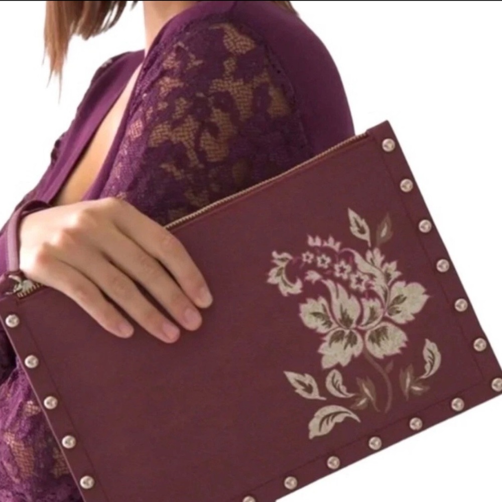 White House Black Market Maroon Red Studded Floral Print Clutch Bag NWOT